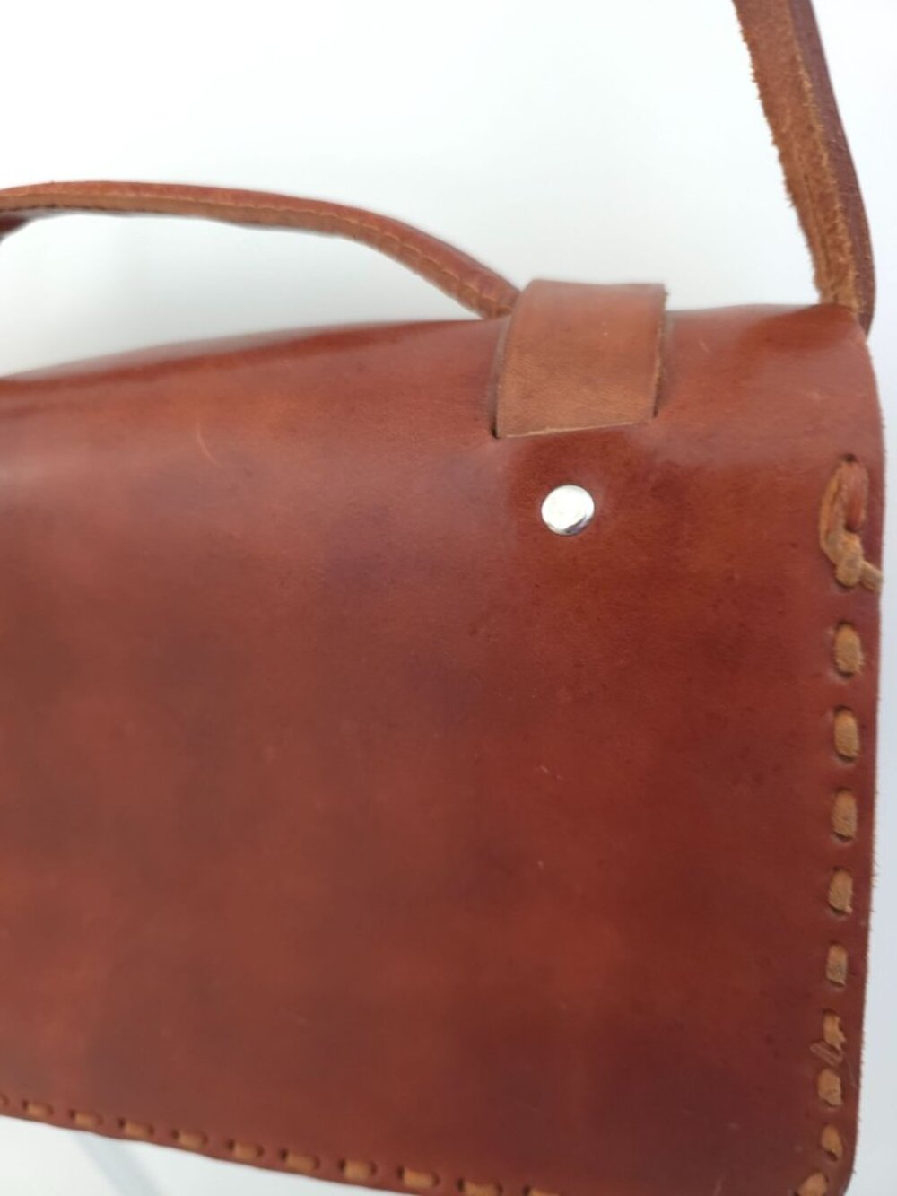 Mexican Handmade Brown Leather Crossbody Satchel Bag w/ Colorful Woven Accent - Picture 5 of 8